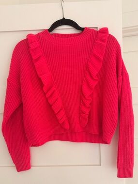 Miss Selfridge Hot Pink Ruffle-Trim Crewneck Sweater